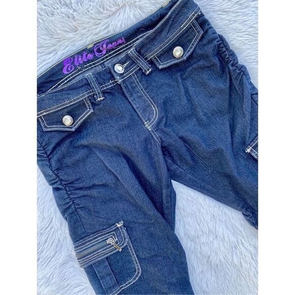 Y2K Vintage Elite Jeans SZ 9/10 Dark Denim Cargo Stretchy Bling Capris - Picture 10 of 13